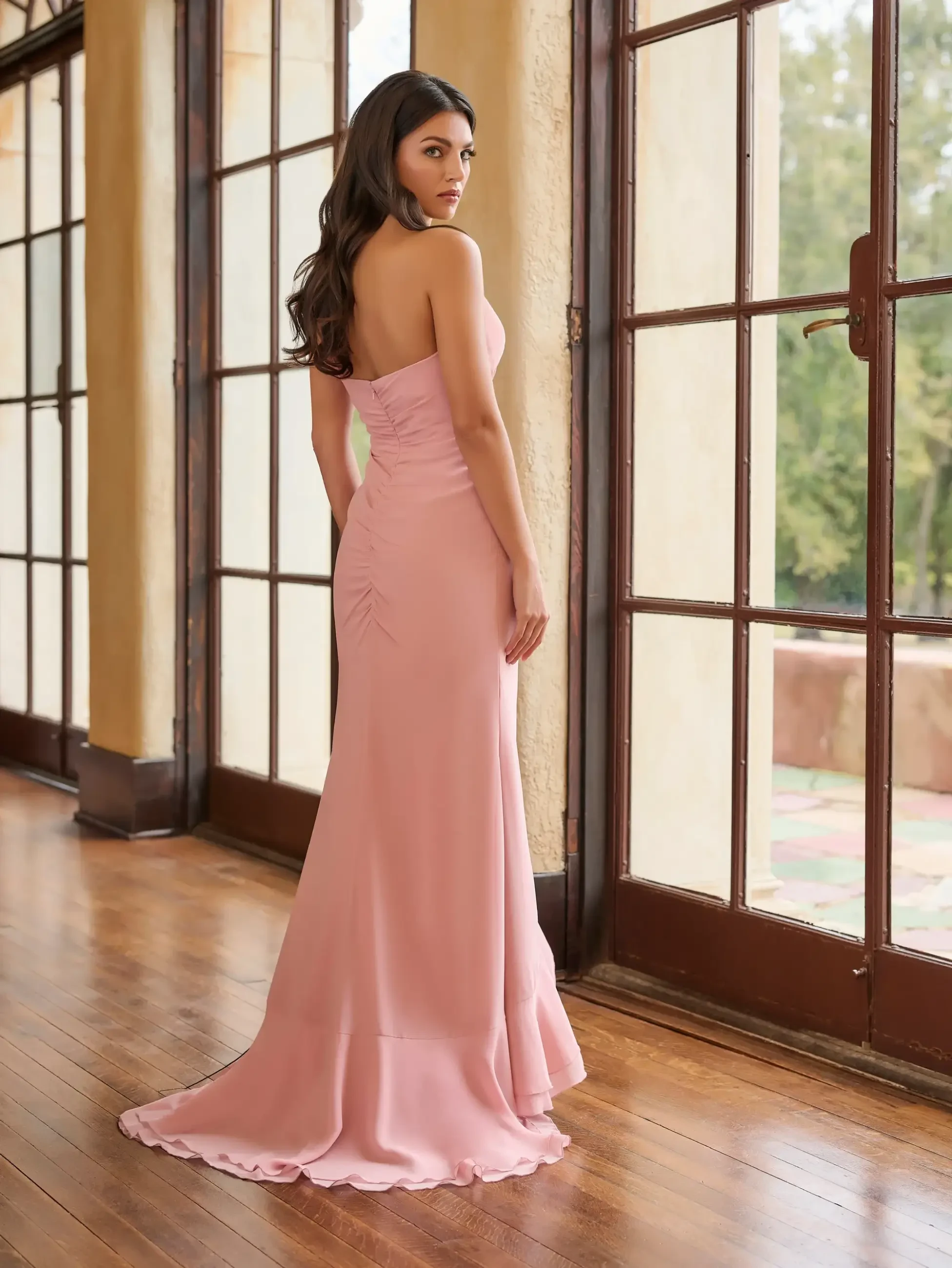 model is wearing a strapless light pink bridesmaid dress