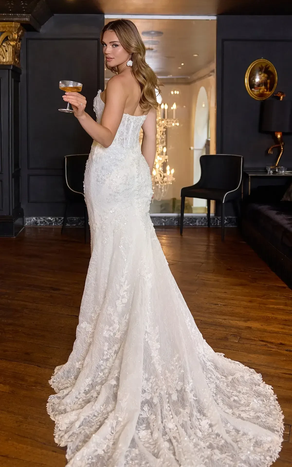 model is wearing a strapless bridal gown