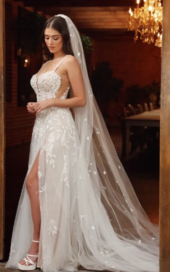 Essense of Australia D4258A11 #0 IVORY LACE & TULLE OVER RUM GOWN/PORCELIN ILLUSION thumbnail