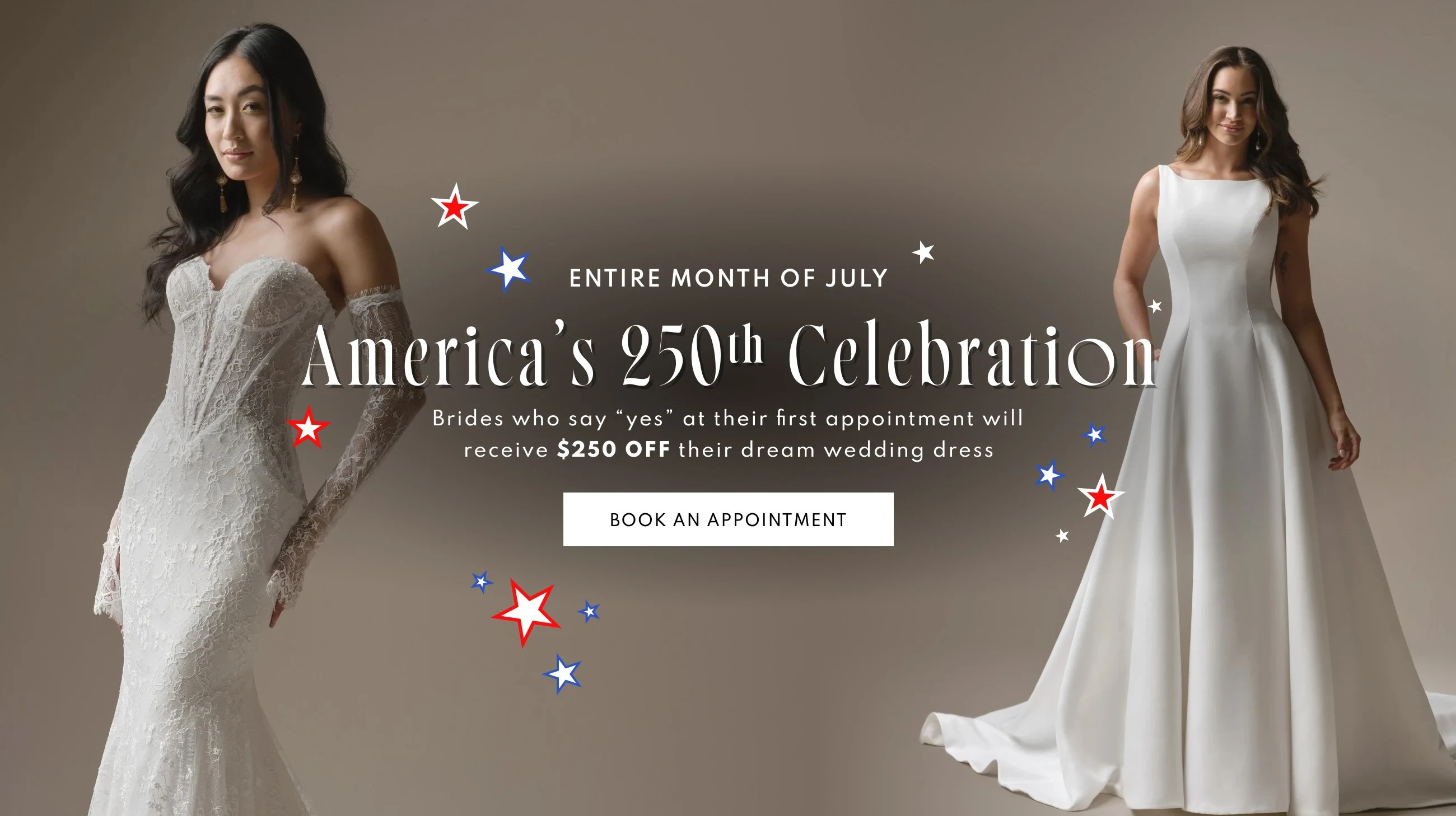Models wearing Bridal dresses, America's 250th Celebration desktop banner