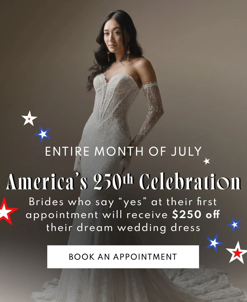 Models wearing Bridal dresses, America's 250th Celebration mobile banner