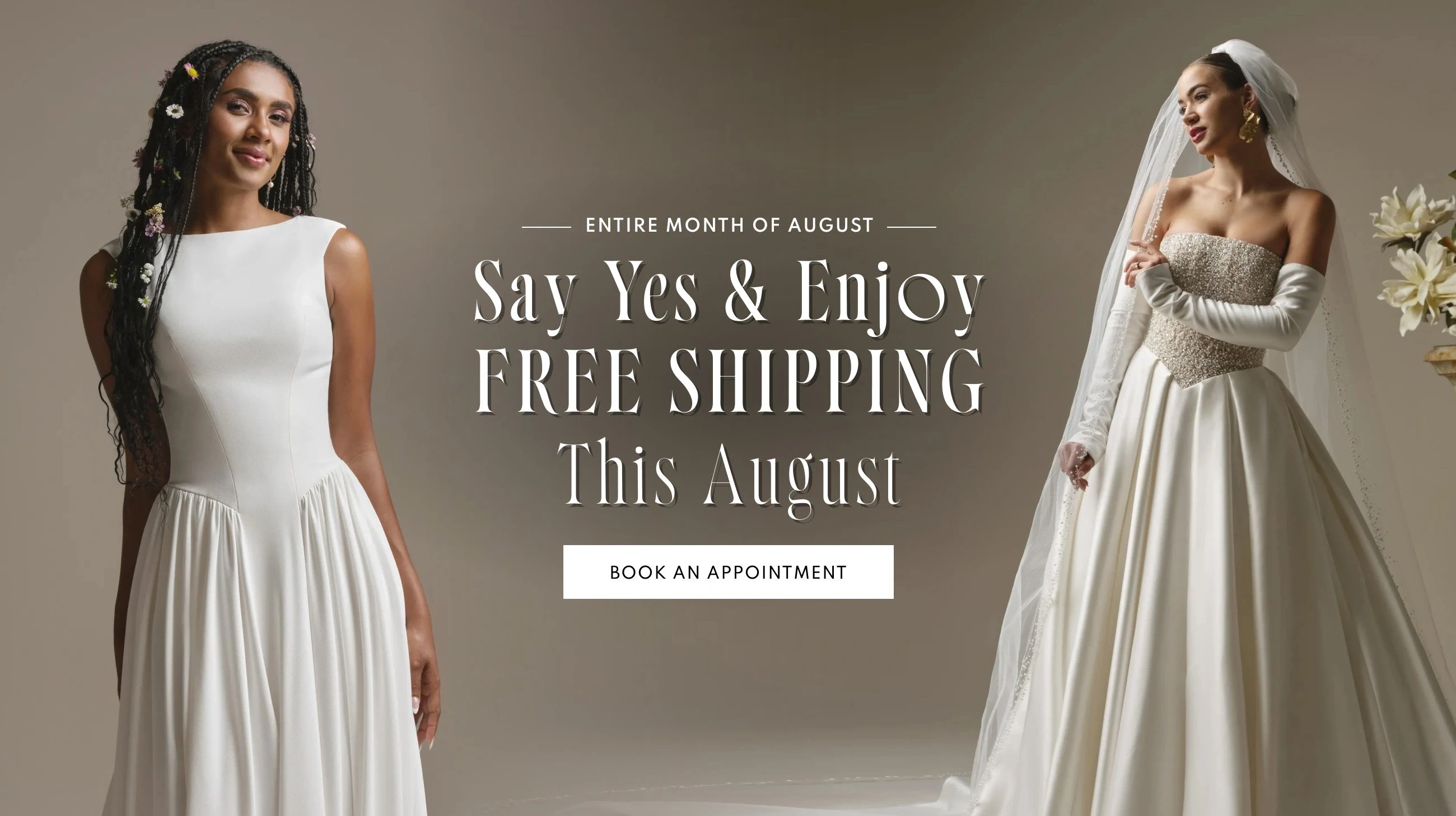 Models wearing bridal dresses, August free shipping promotion desktop banner