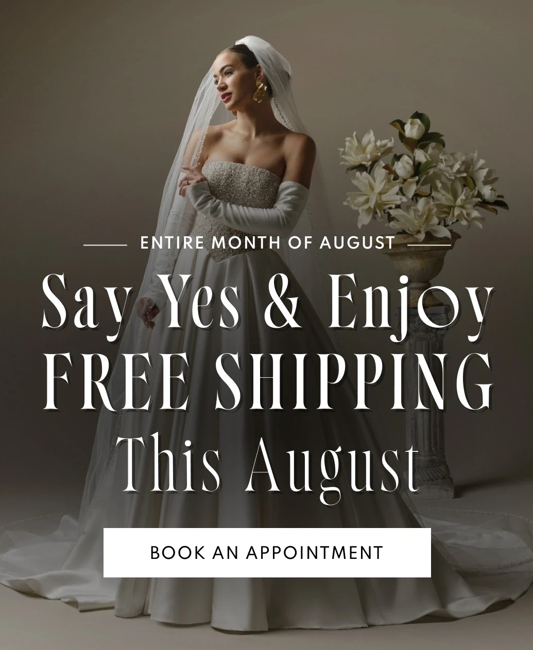 Model wearing bridal dress, August free shipping promotion mobile banner