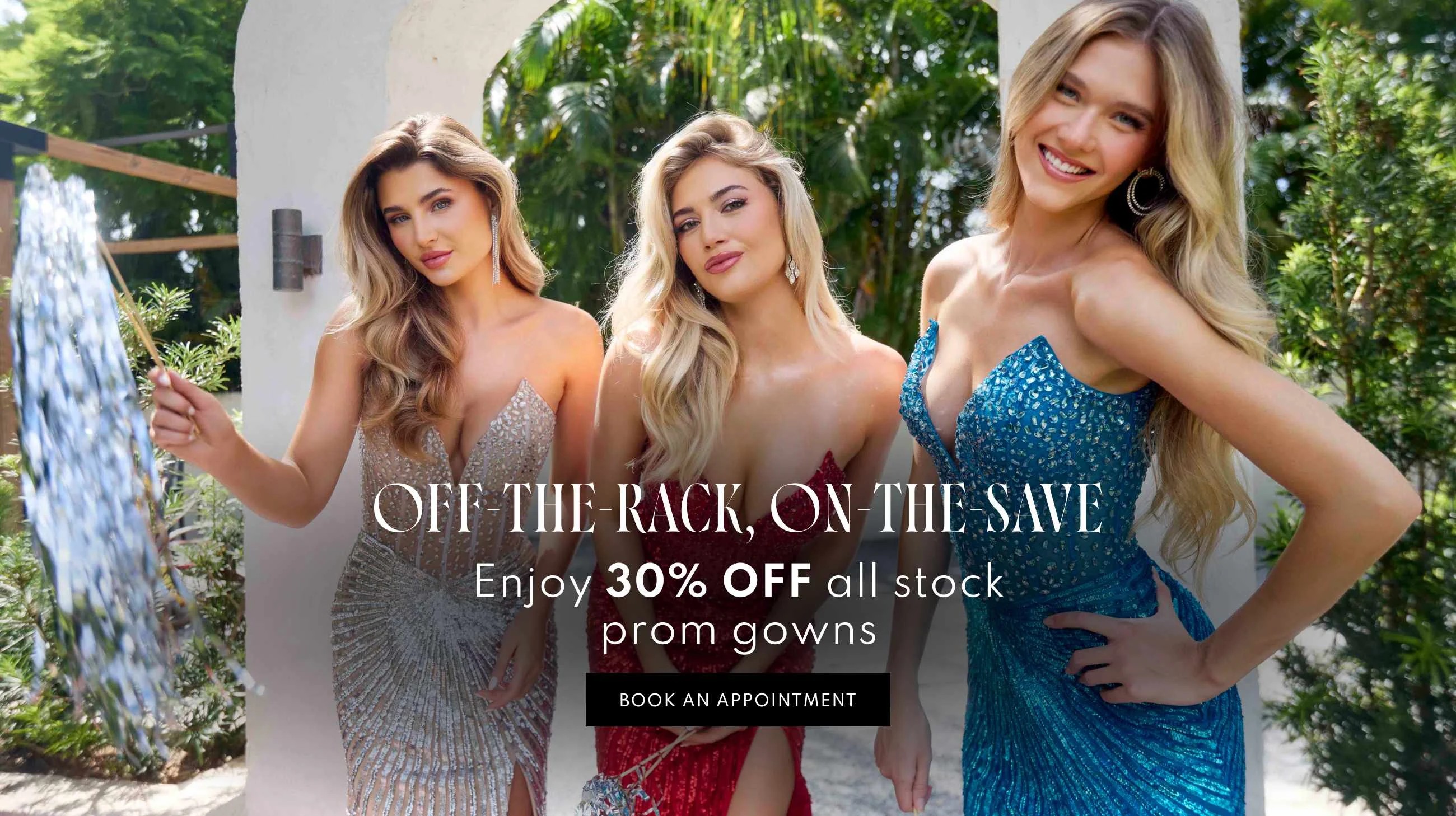 3 Models wearing Primavera Couture 4304 gown, desktop banner