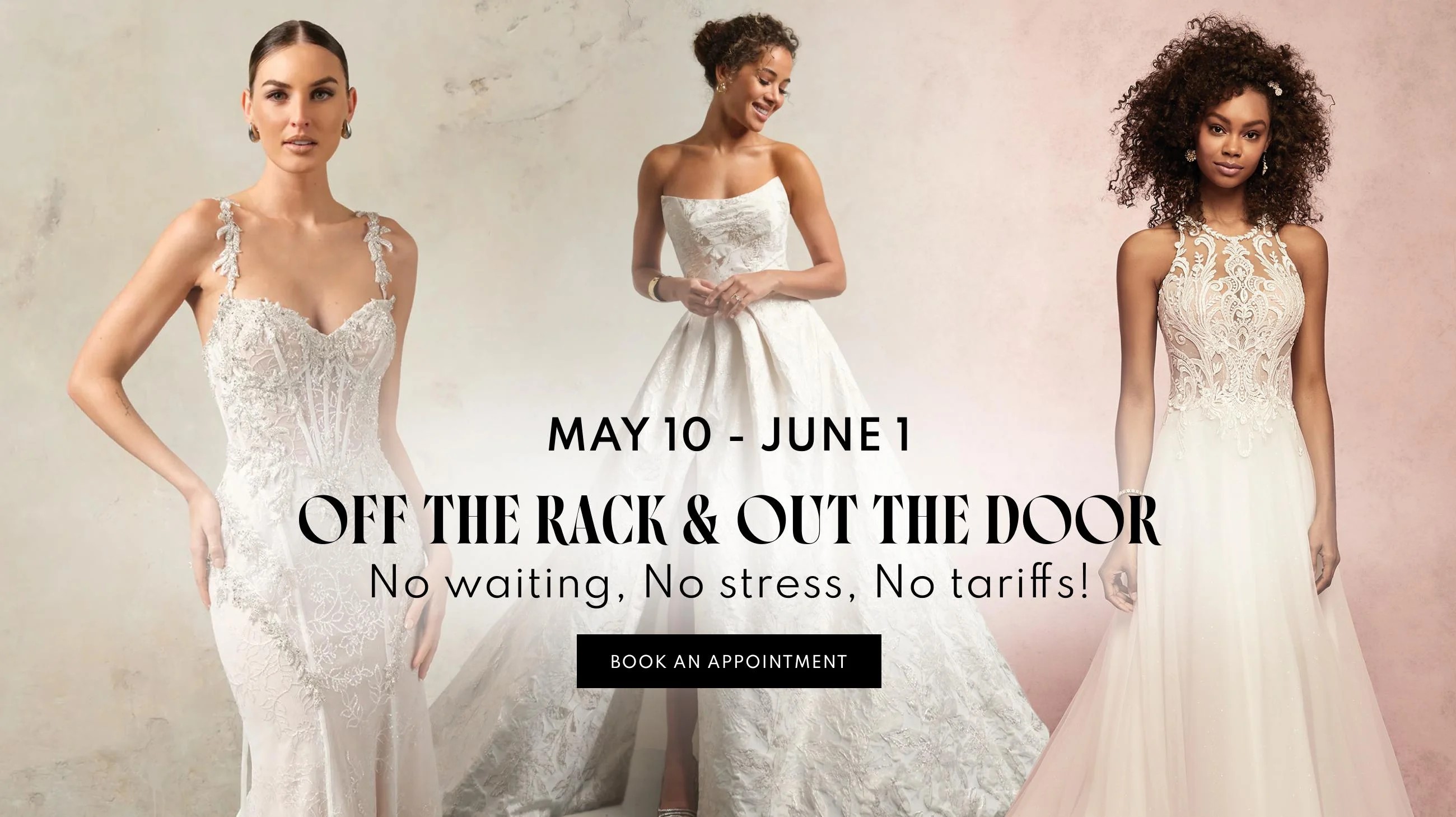 3 Models wearing Bridal gowns, Off The Rack & Out The Door Desktop Banner