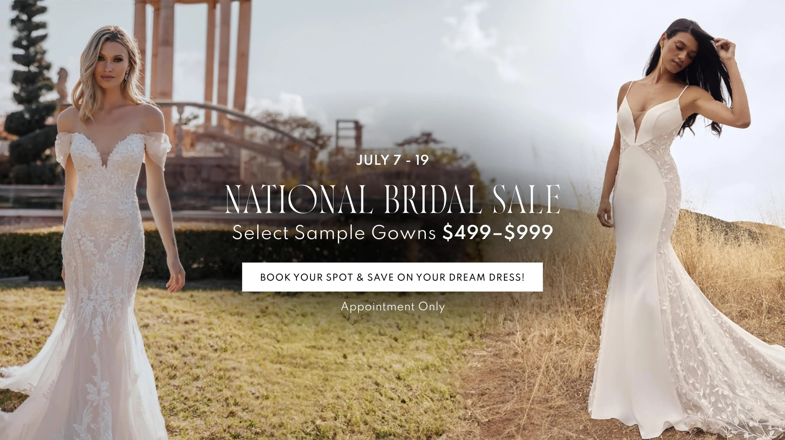 2 Models wearing bridal gowns, National Bridal Sale desktop banner