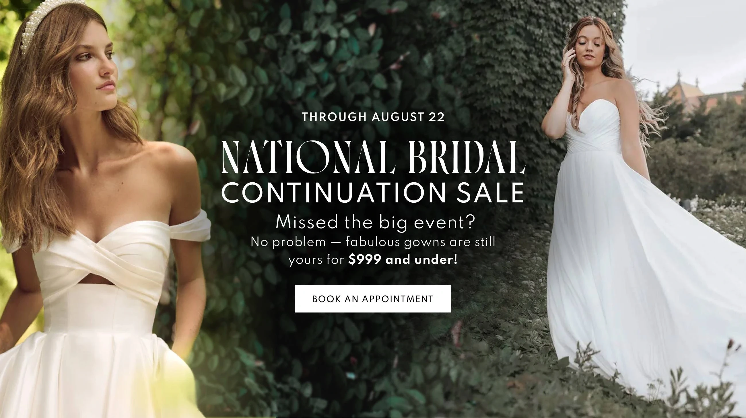 2 models wearing Essense of Australia D3636, Maggie Sottero Zinaida bridal gowns, nbs continuation desktop banner