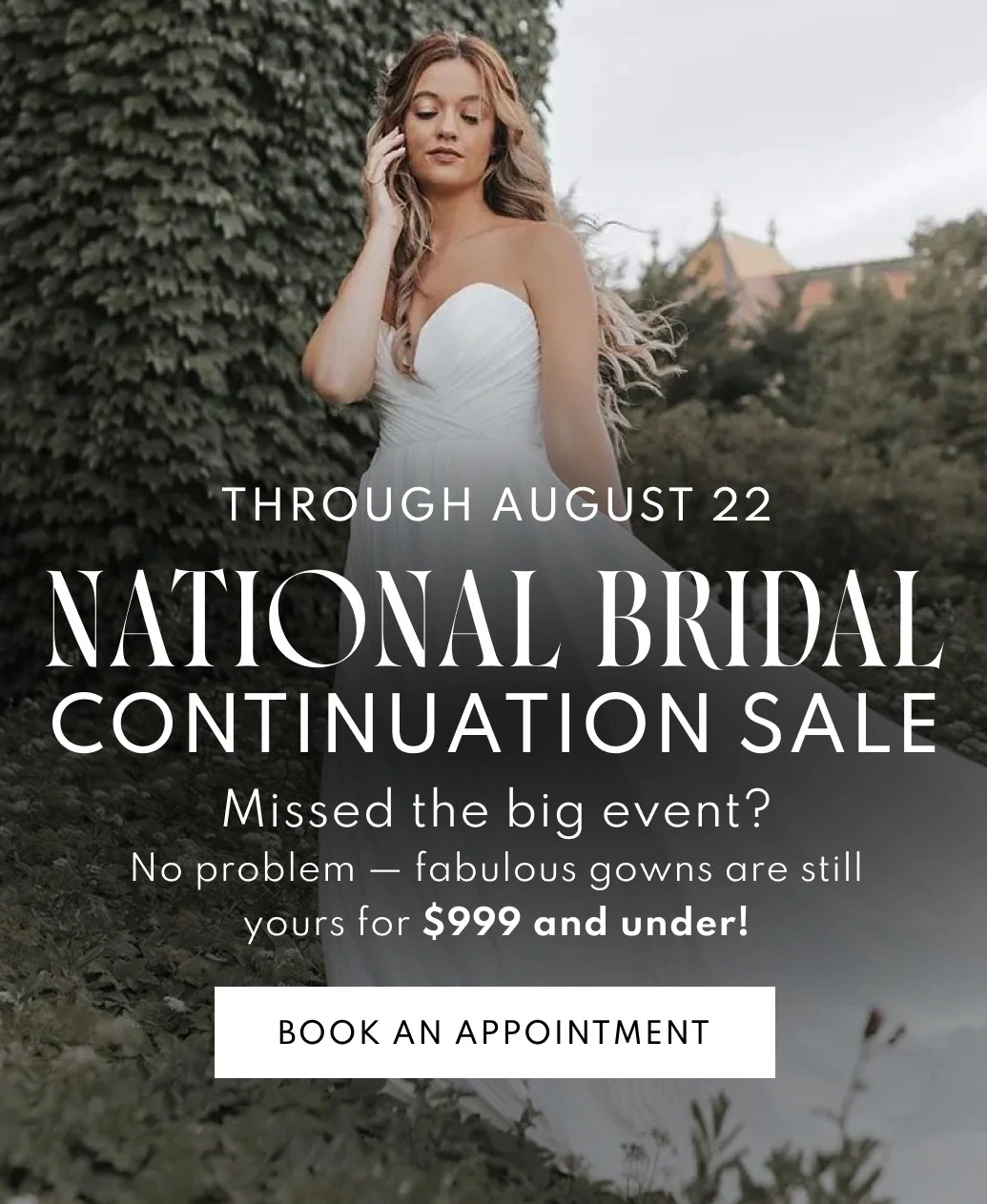A model wearing Essense of Australia D3636 bridal gown, NBS continuation mobile banner