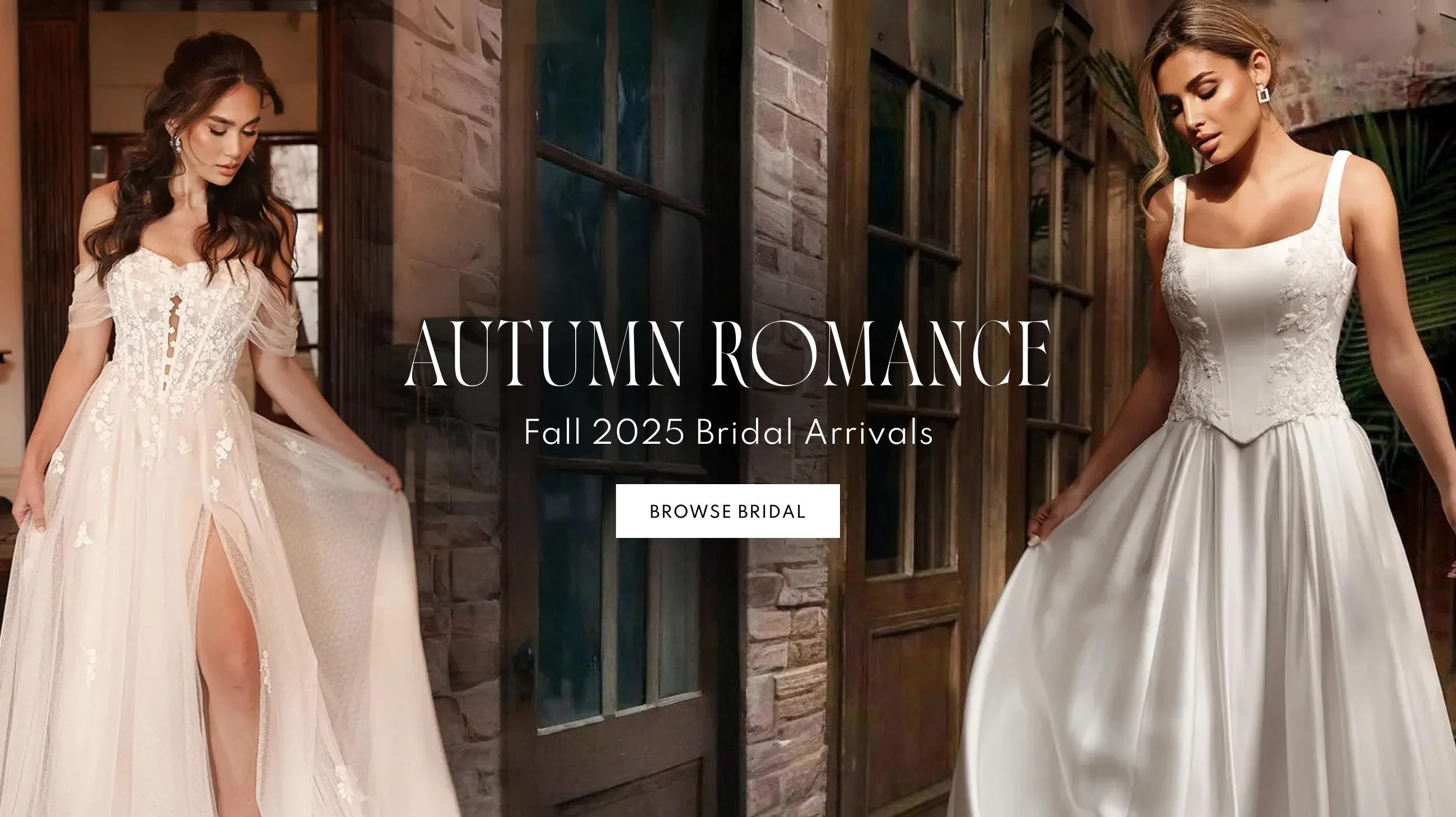2 Models wearing Essense of Australia D4286 and D4290 gowns, desktop banner
