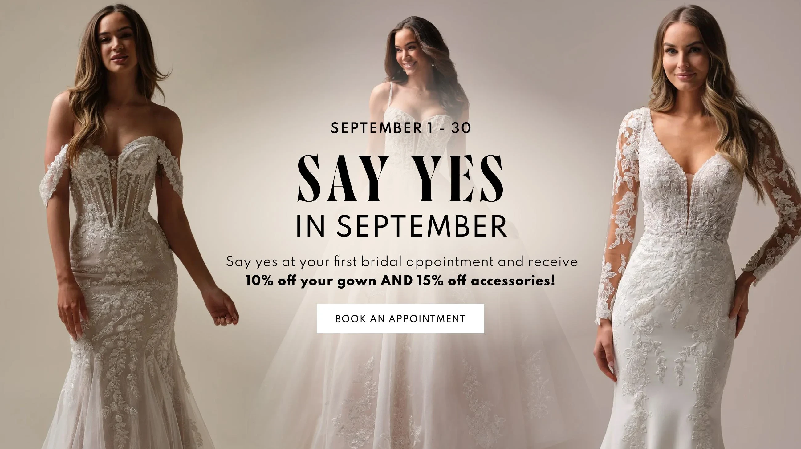 Models wearing bridal gowns, say yes event desktop banner