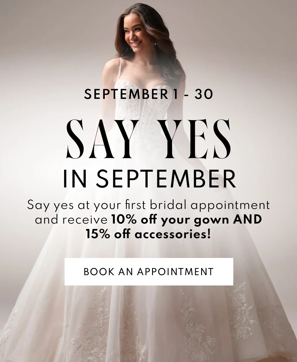 Model wearing bridal gown, say yes event mobile banner