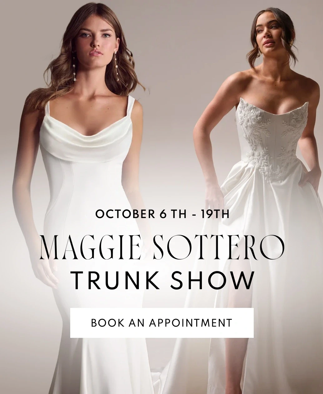 Models wearing Maggie Sottero Napa Marie and Sottero Midgley Amadora gowns, mobile banner