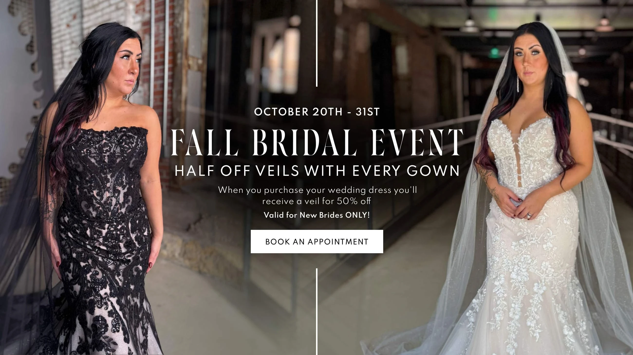 Model wearing black and white gowns, Fall Bridal Event desktop banner