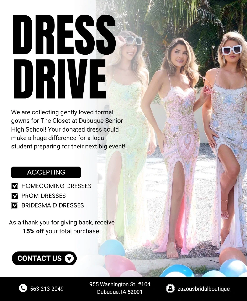 Models wearing Prom gowns, dress drive mobile banner