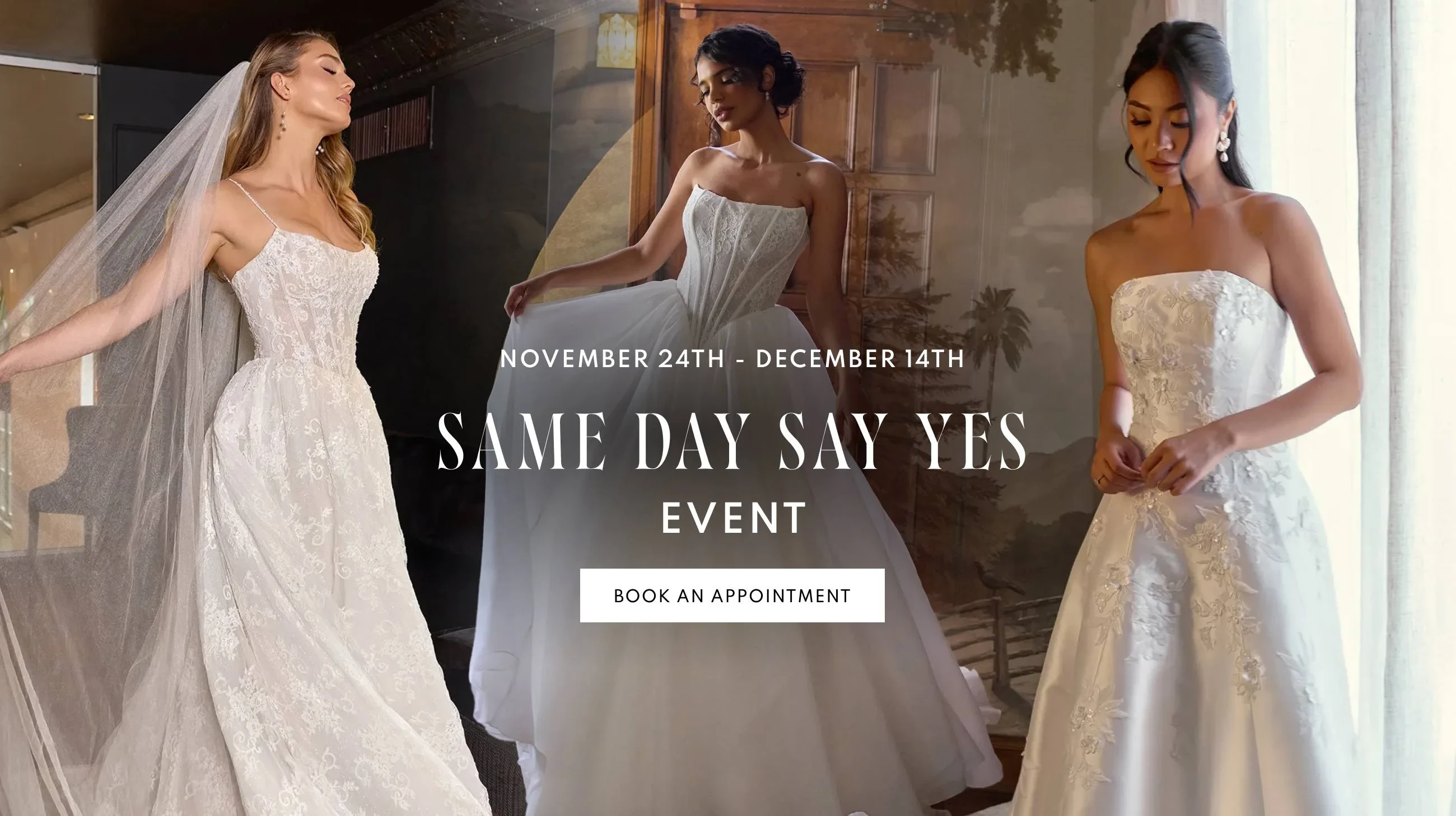 Models wearing bridal gowns, desktop banner