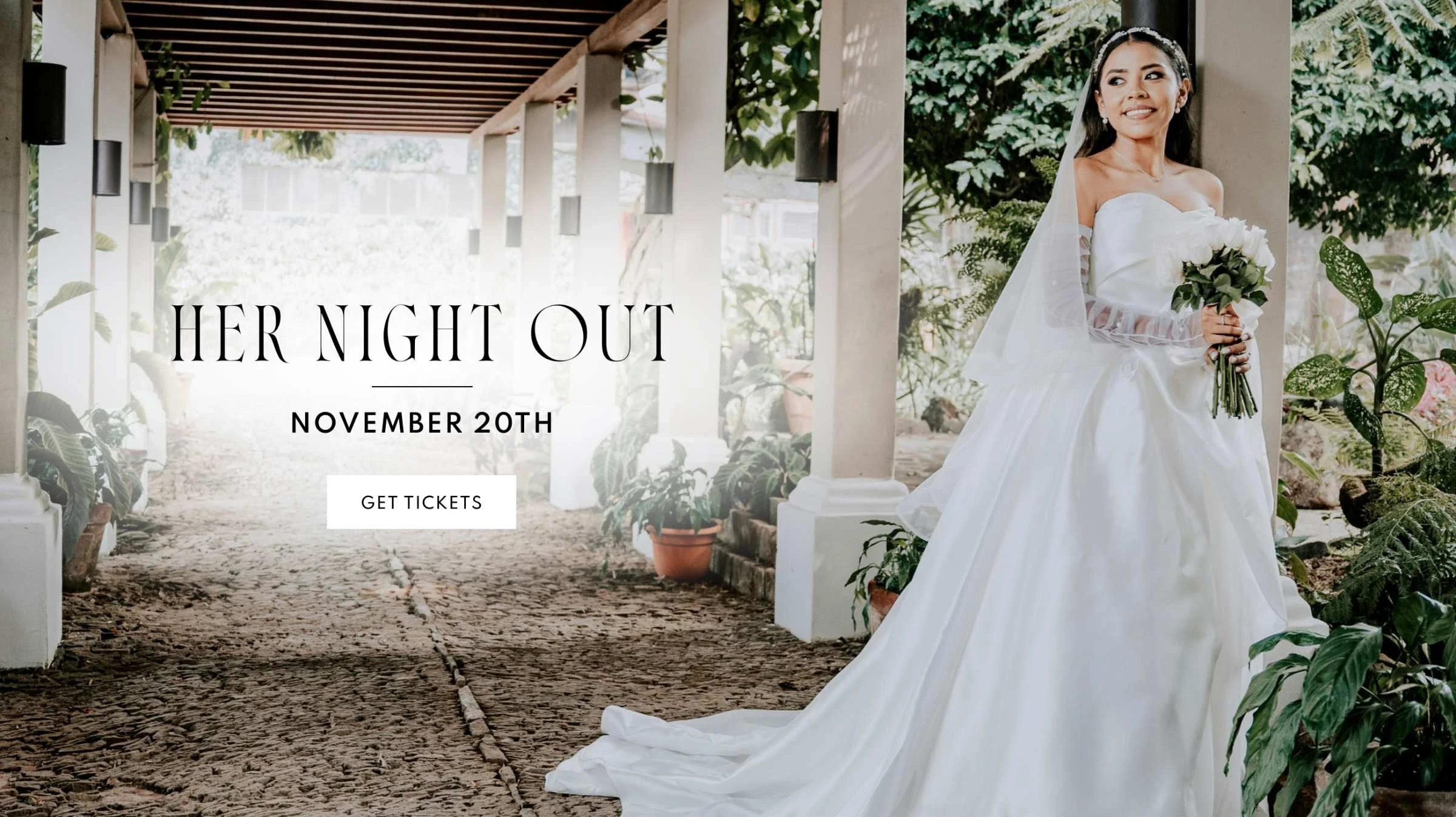 Model wearing bridal gown, her night out desktop banner