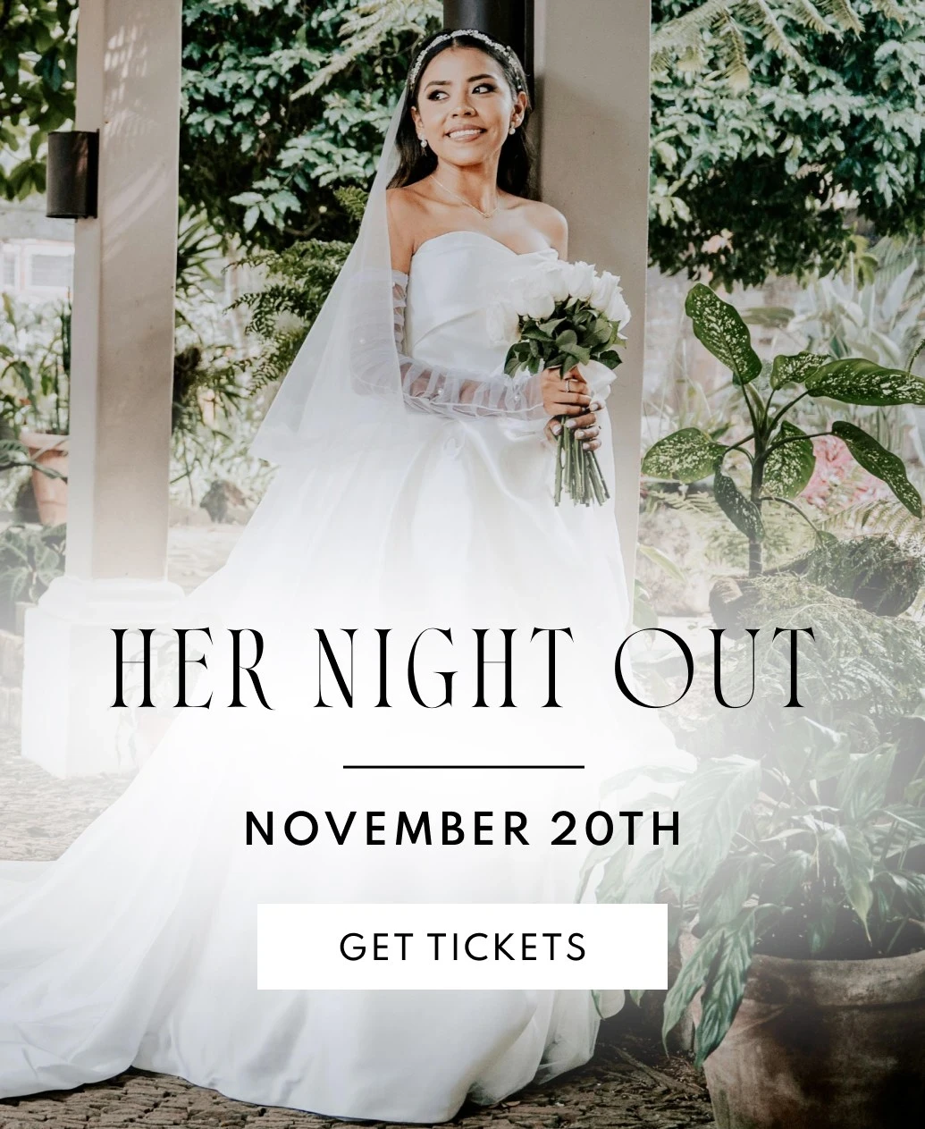 Model wearing bridal gown, her night out mobile banner