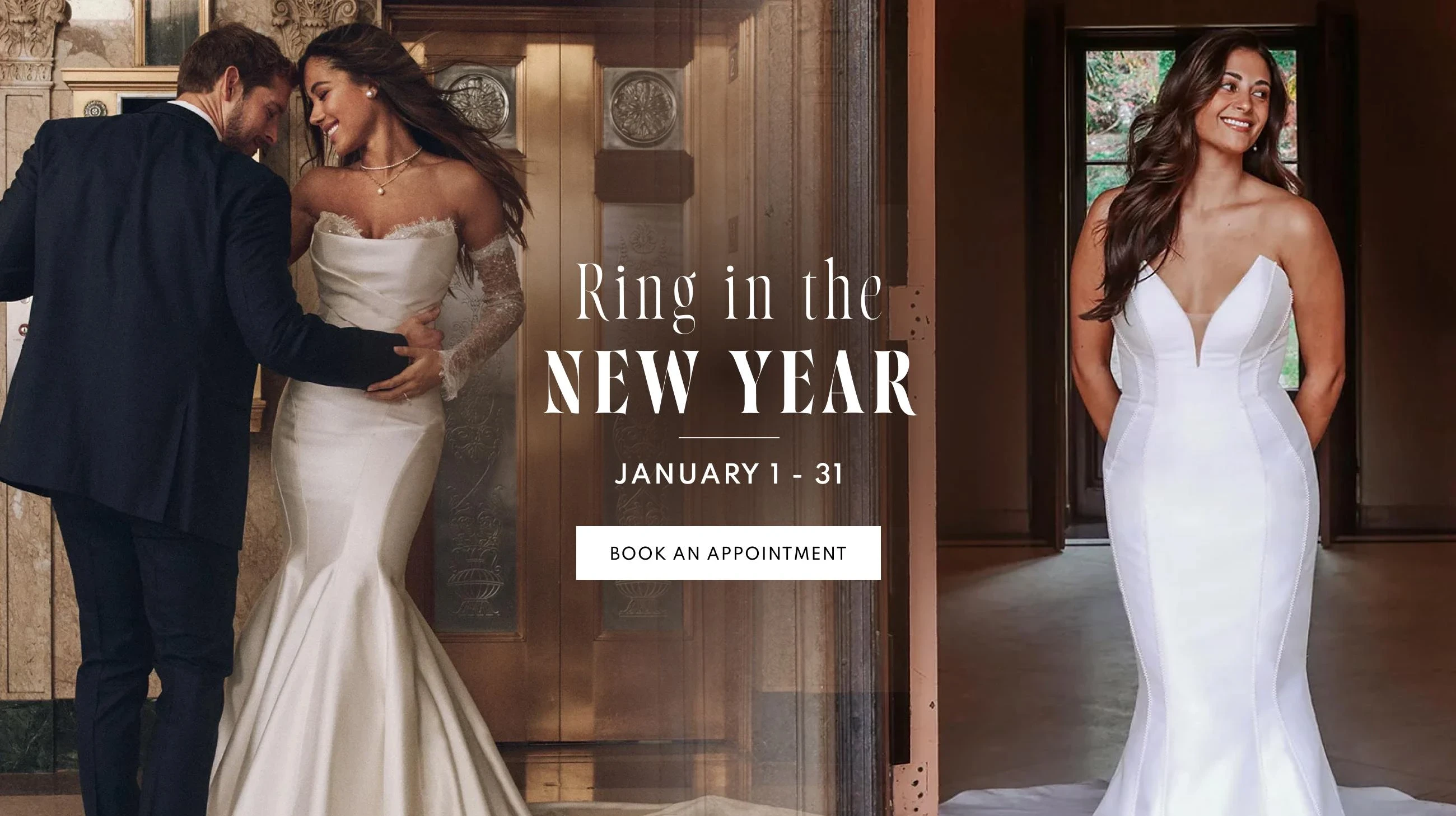 Models wearing Bridal gown, Ring in the New Year event desktop banner