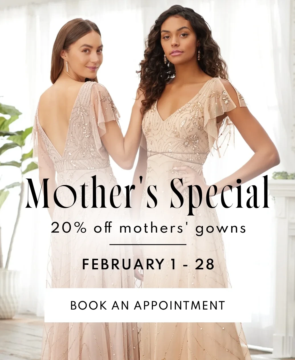 Models wearing mother of the bride gowns, mobile banner