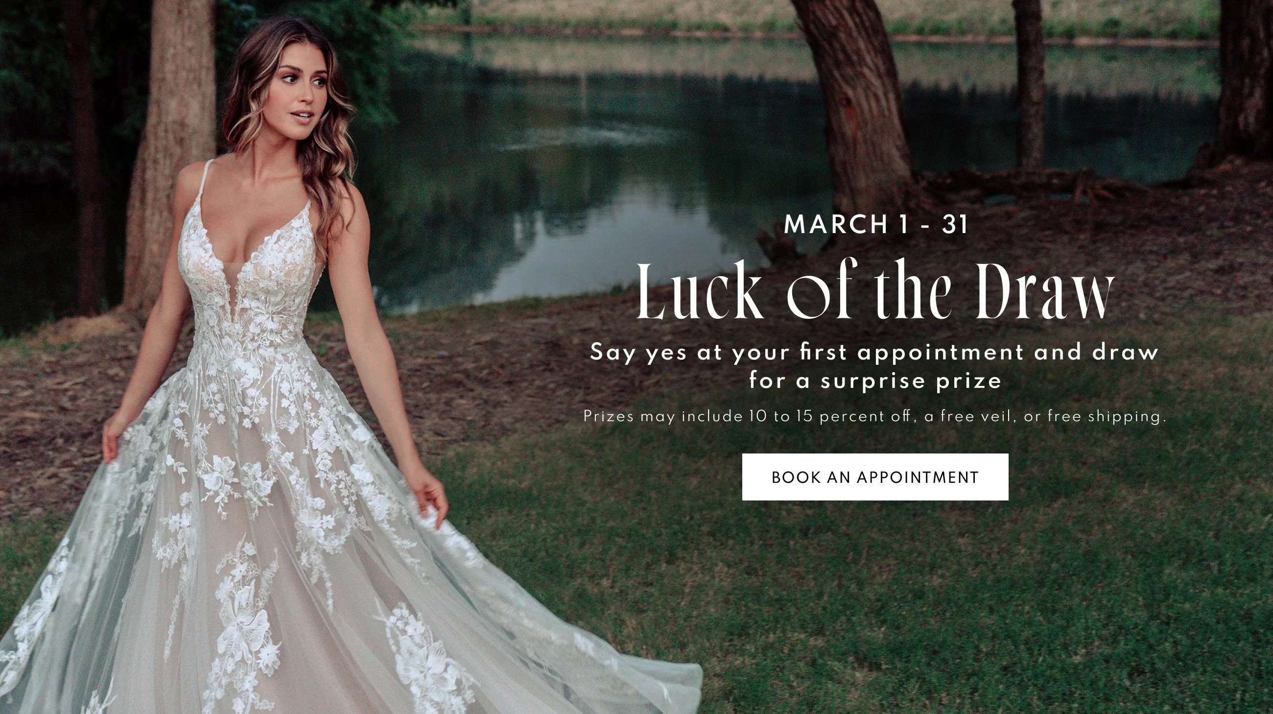 Model wearing bridal gown, Luck of the Draw event desktop banner