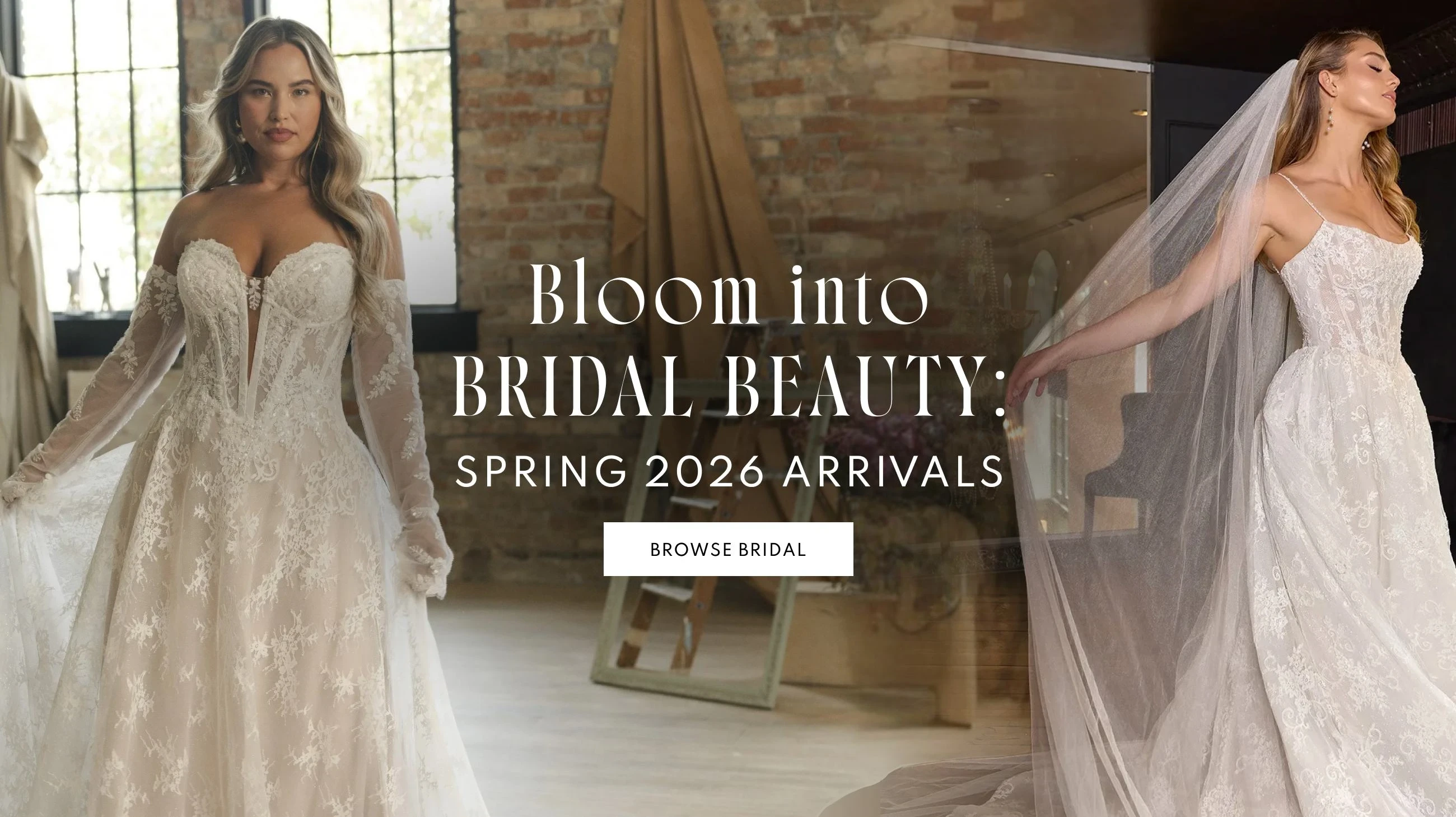 Models wearing Maggie Sottero and Essense of Australia bridal dresses, desktop banner