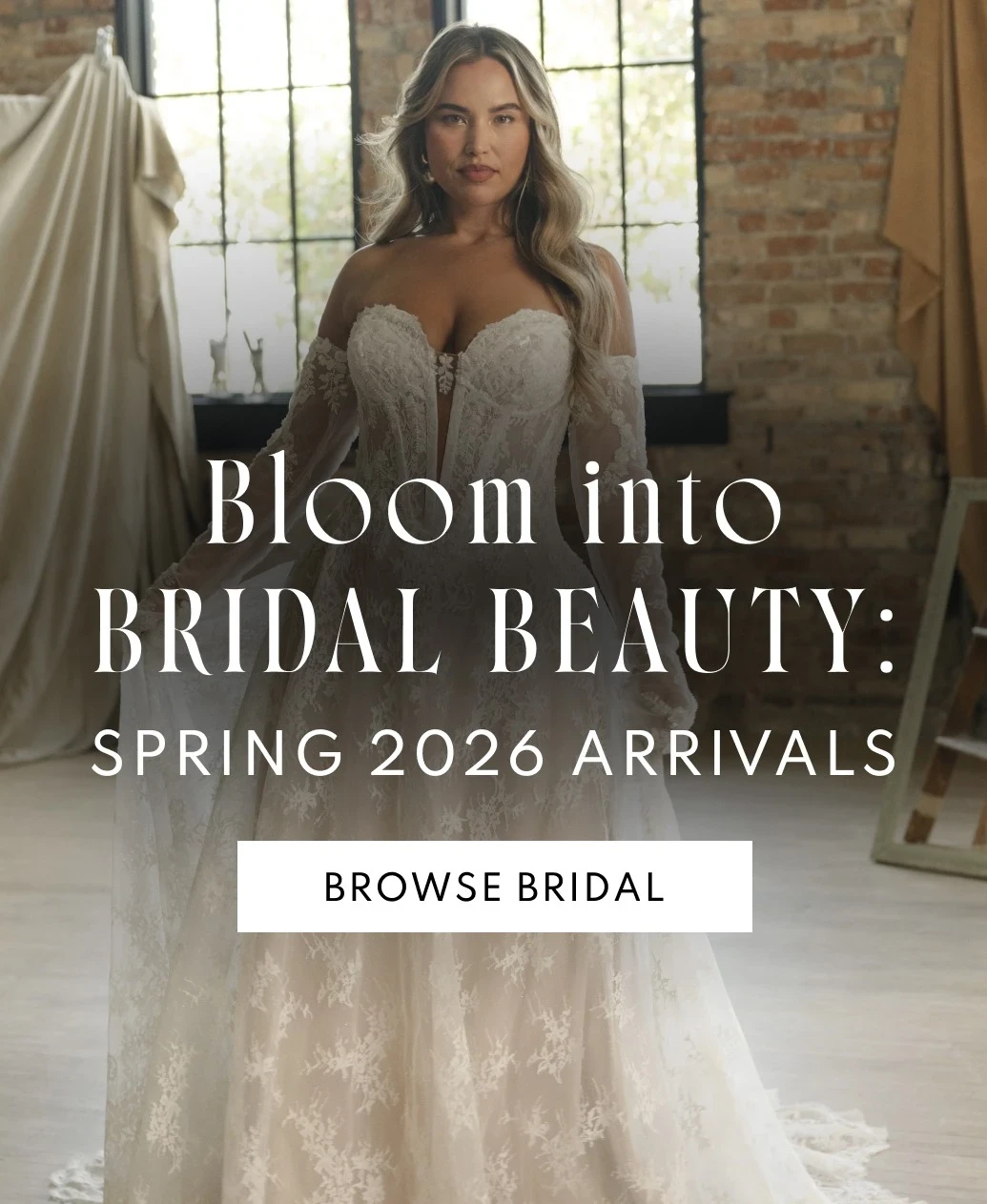 Model wearing Maggie Sottero bridal dresses, mobile banner