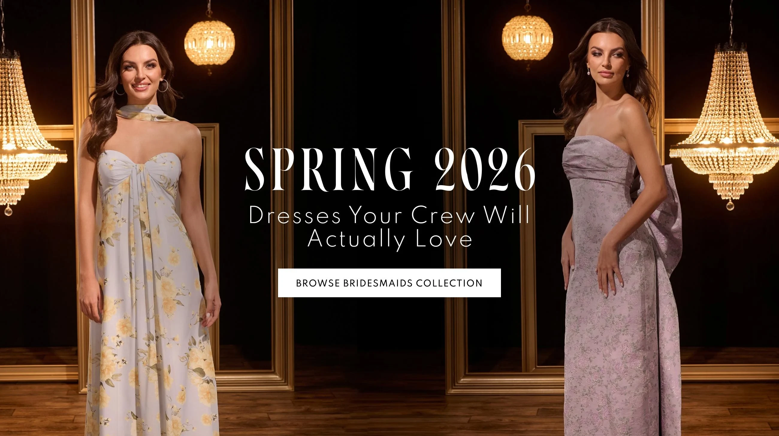 Models wearing Christina Wu Celebration Bridesmaids dresses, desktop banner