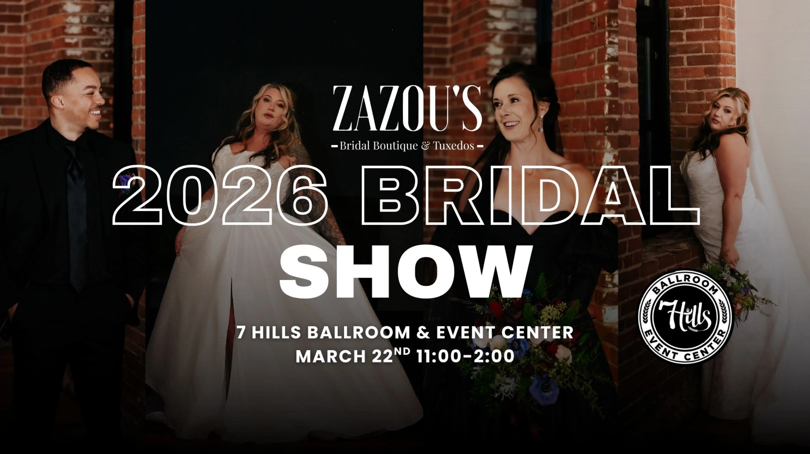Models wearing bridal gowns and tuxedo, 2026 Bridal Show desktop banner