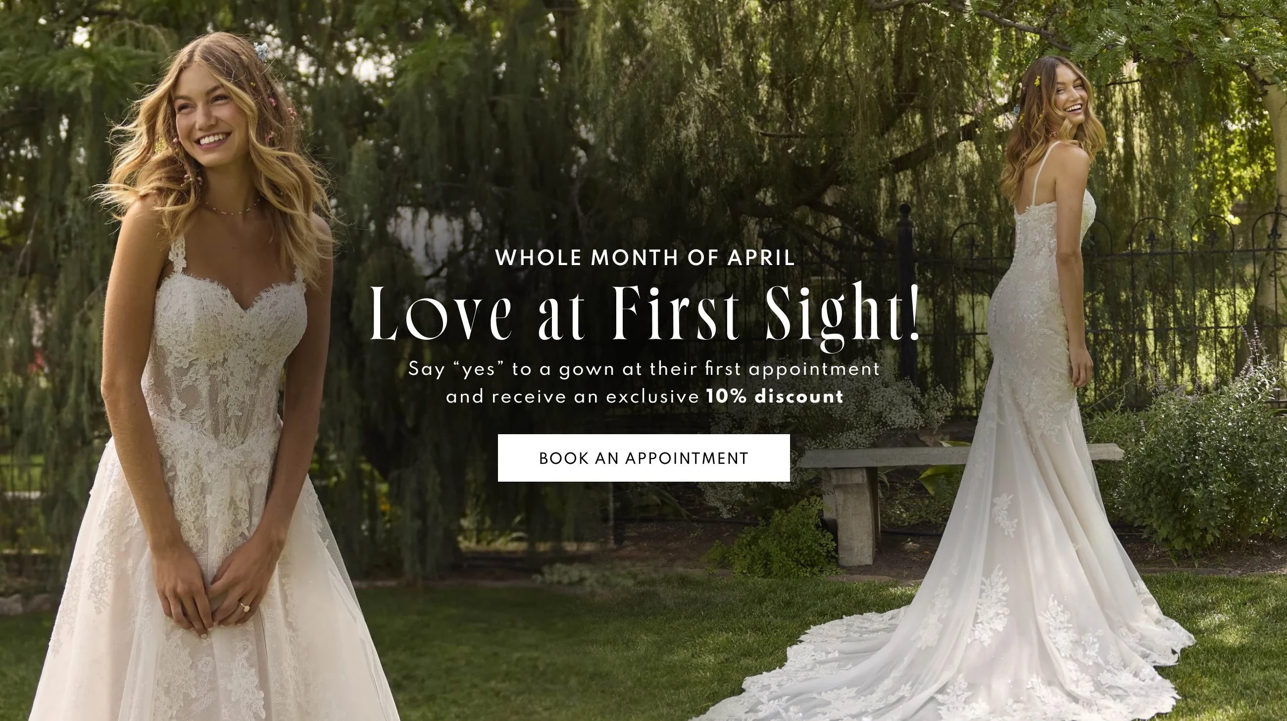 Models wearing bridal dresses, Love at First Sight Event desktop banner