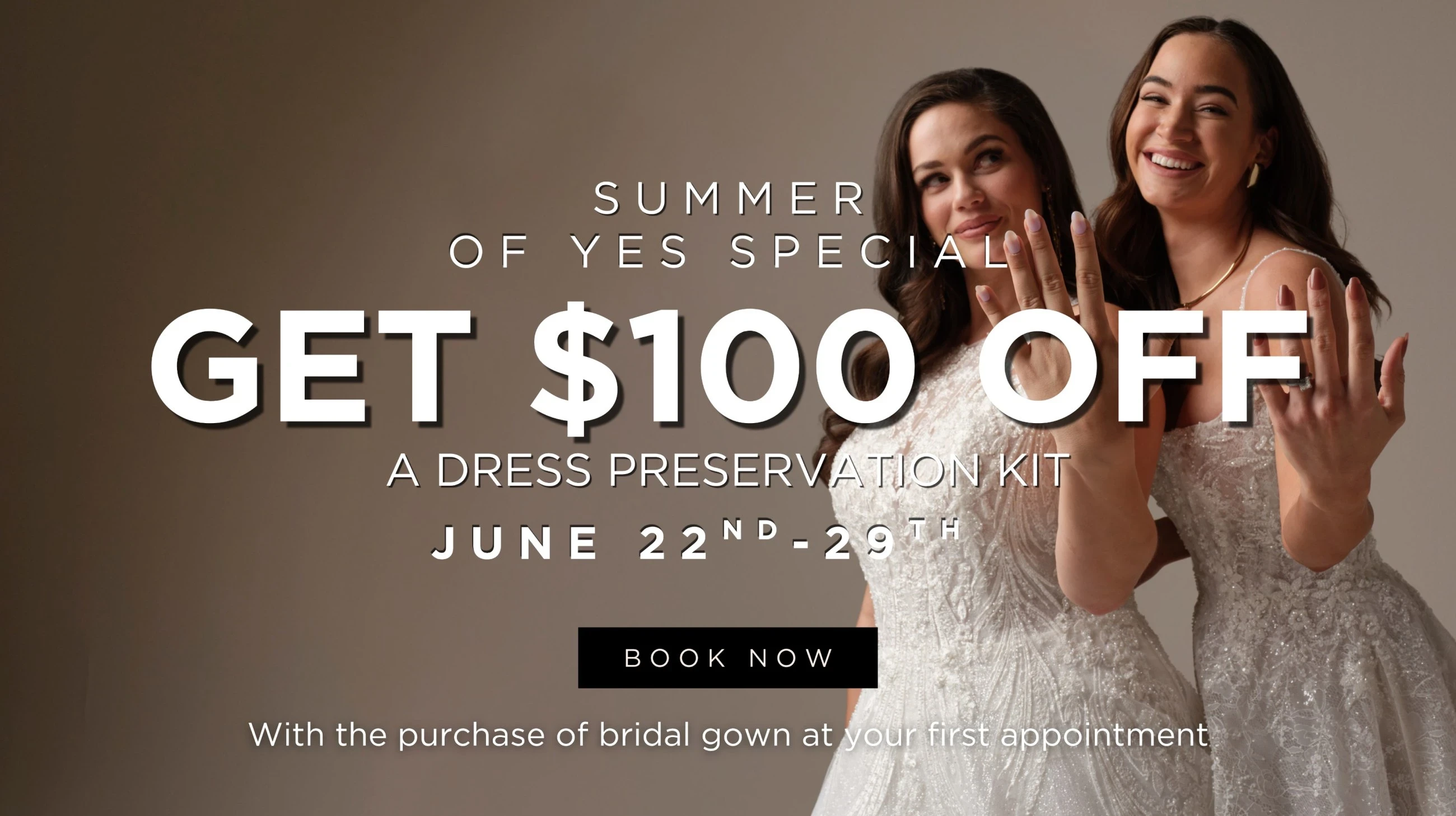 Models wearing Maggie Sottero bridal dresses, Summer of Yes Special desktop banner