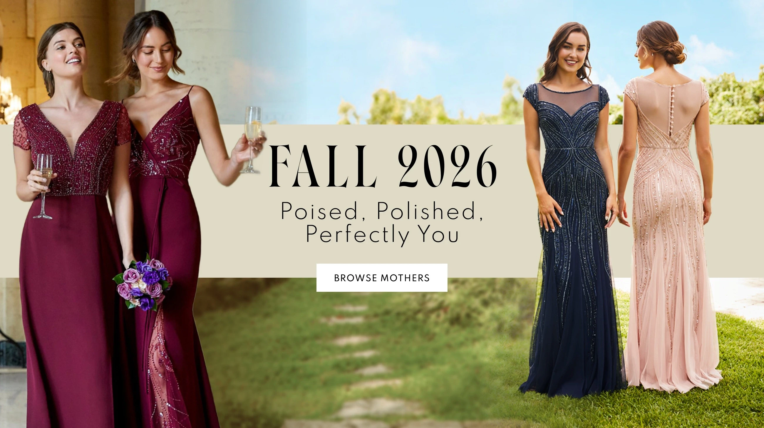 Models wearing Christina Wu Evening gowns, Fall 2026 mothers desktop banner