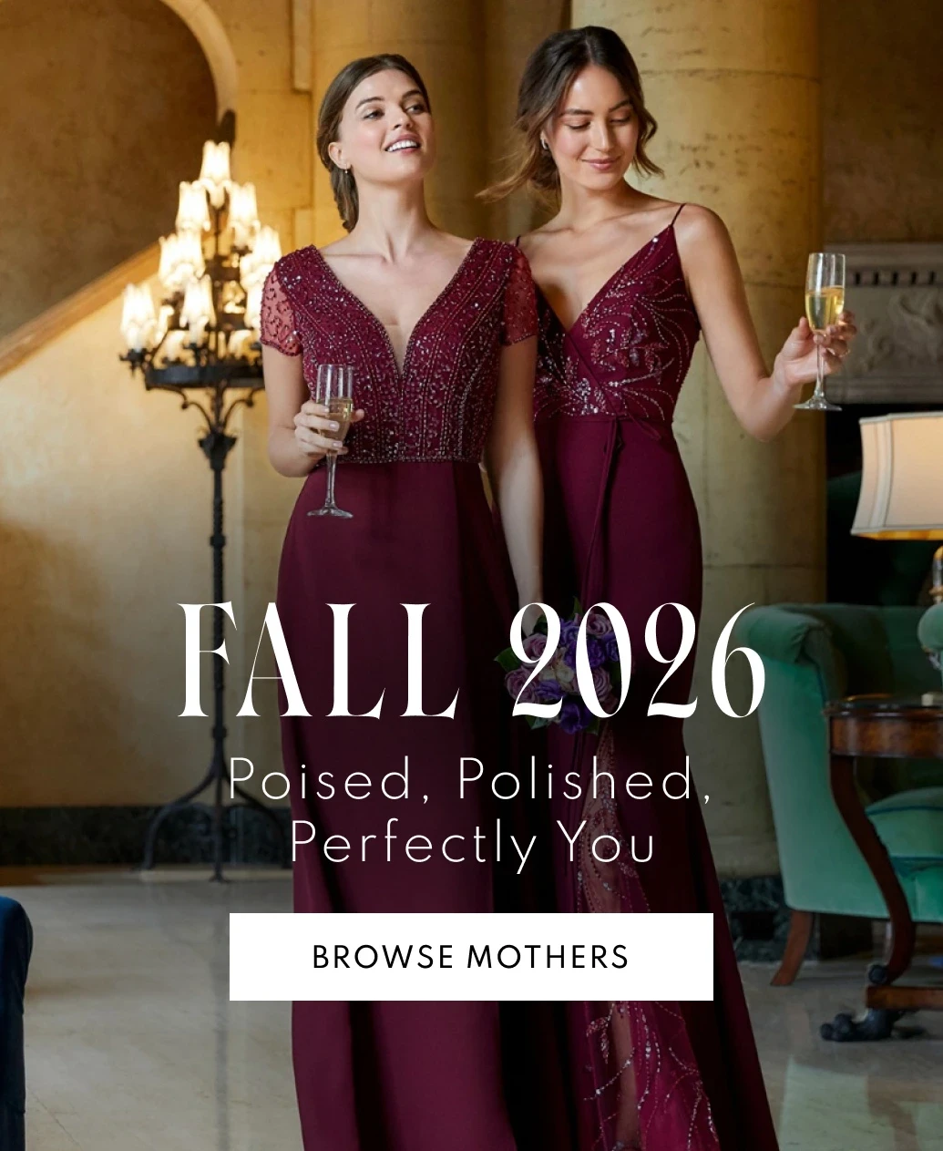 Models wearing Christina Wu Evening gowns, Fall 2026 mothers mobile banner